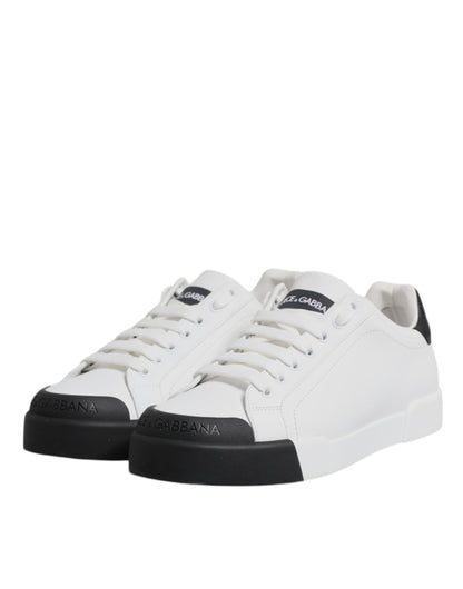 White Black Leather Low Top Sneakers Shoes