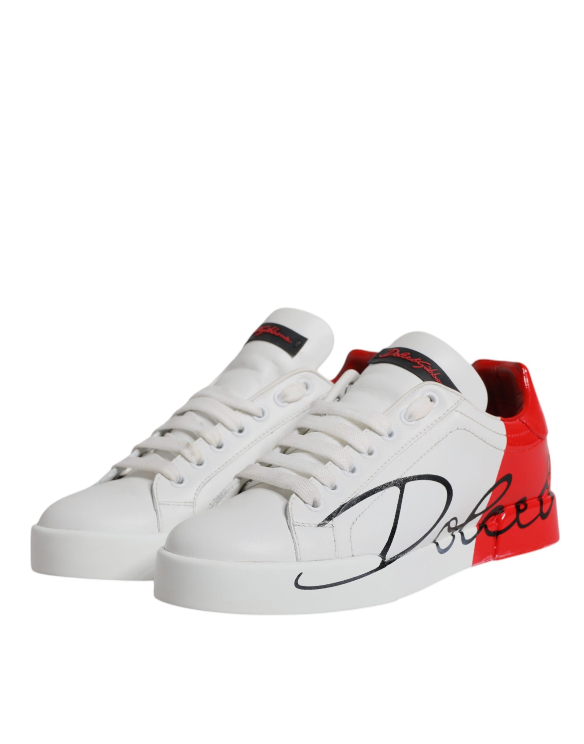 White Red Leather Low Top Sneakers Shoes