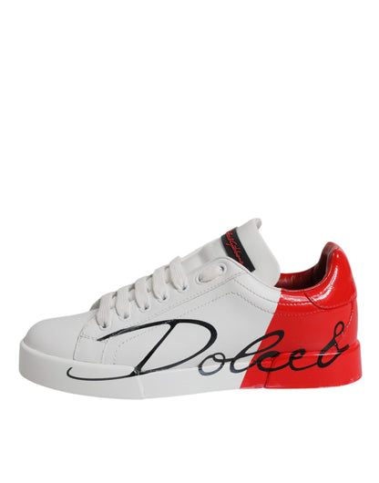 White Red Leather Low Top Sneakers Shoes