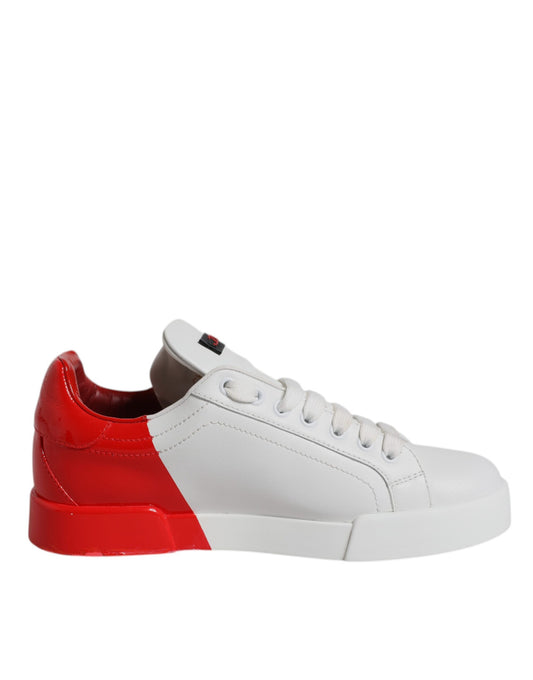 White Red Leather Low Top Sneakers Shoes