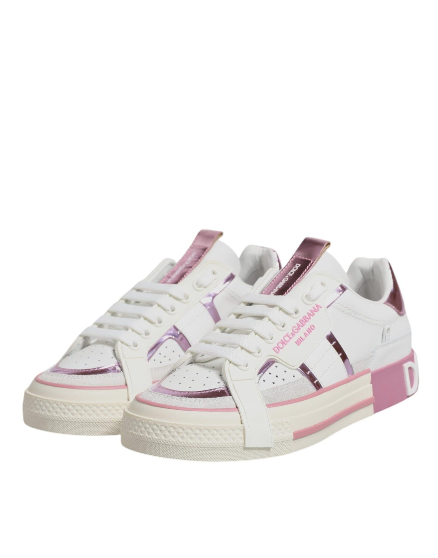 White Pink Leather Low Top Sneakers Shoes