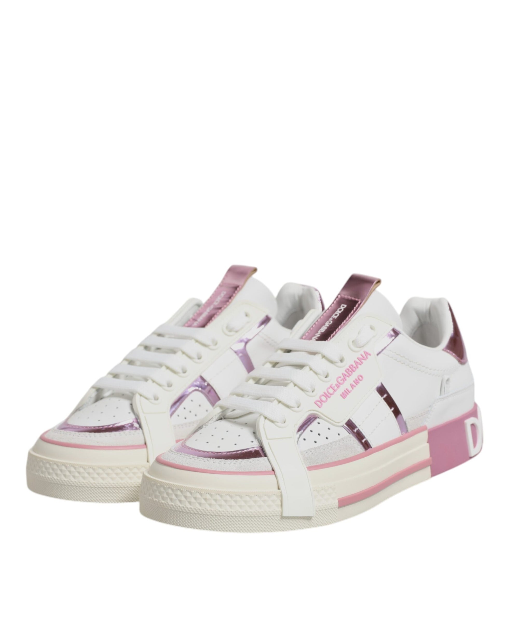 White Pink Leather Low Top Sneakers Shoes
