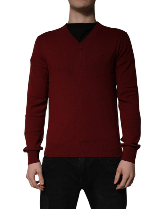Jersey de cachemira granate con cuello de pico para hombre