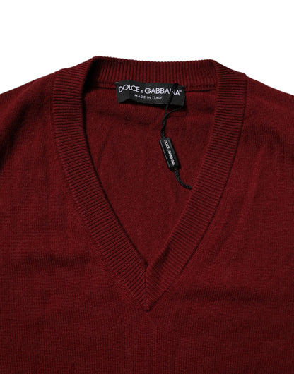 Jersey de cachemira granate con cuello de pico para hombre