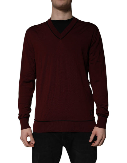 Jersey de cachemira granate con cuello de pico para hombre