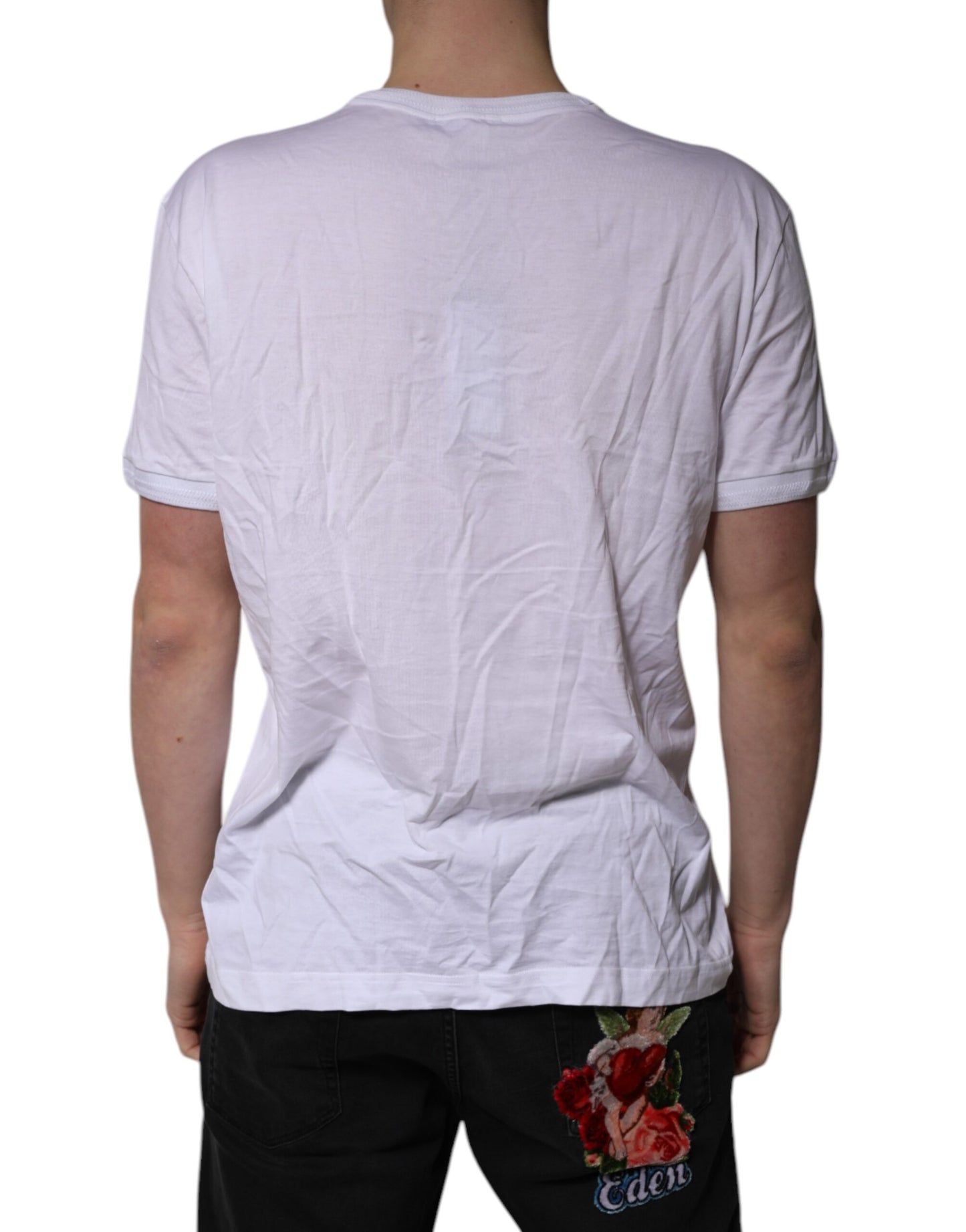 White Cotton Logo Patch V-neck Tee T-shirt