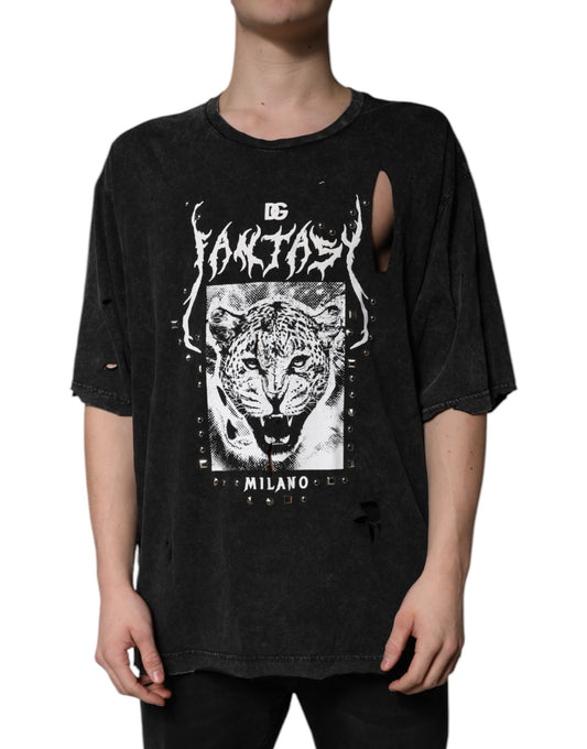 Camiseta negra de algodón con estampado gráfico y cuello redondo