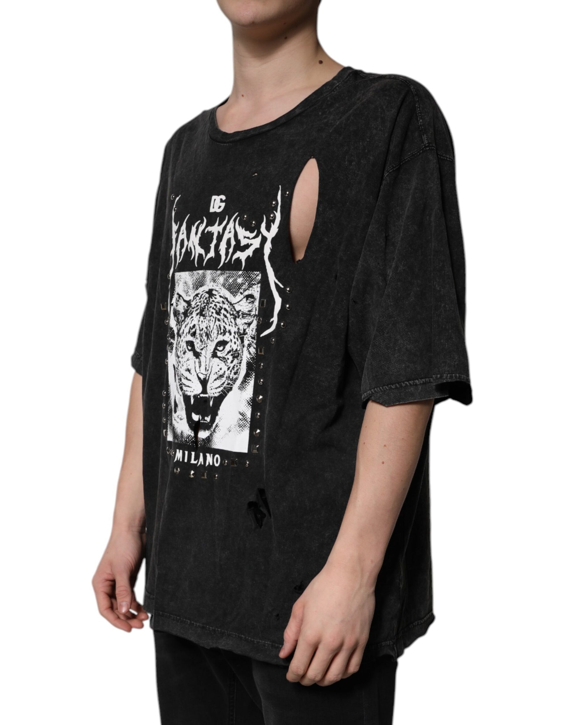 Camiseta negra de algodón con estampado gráfico y cuello redondo