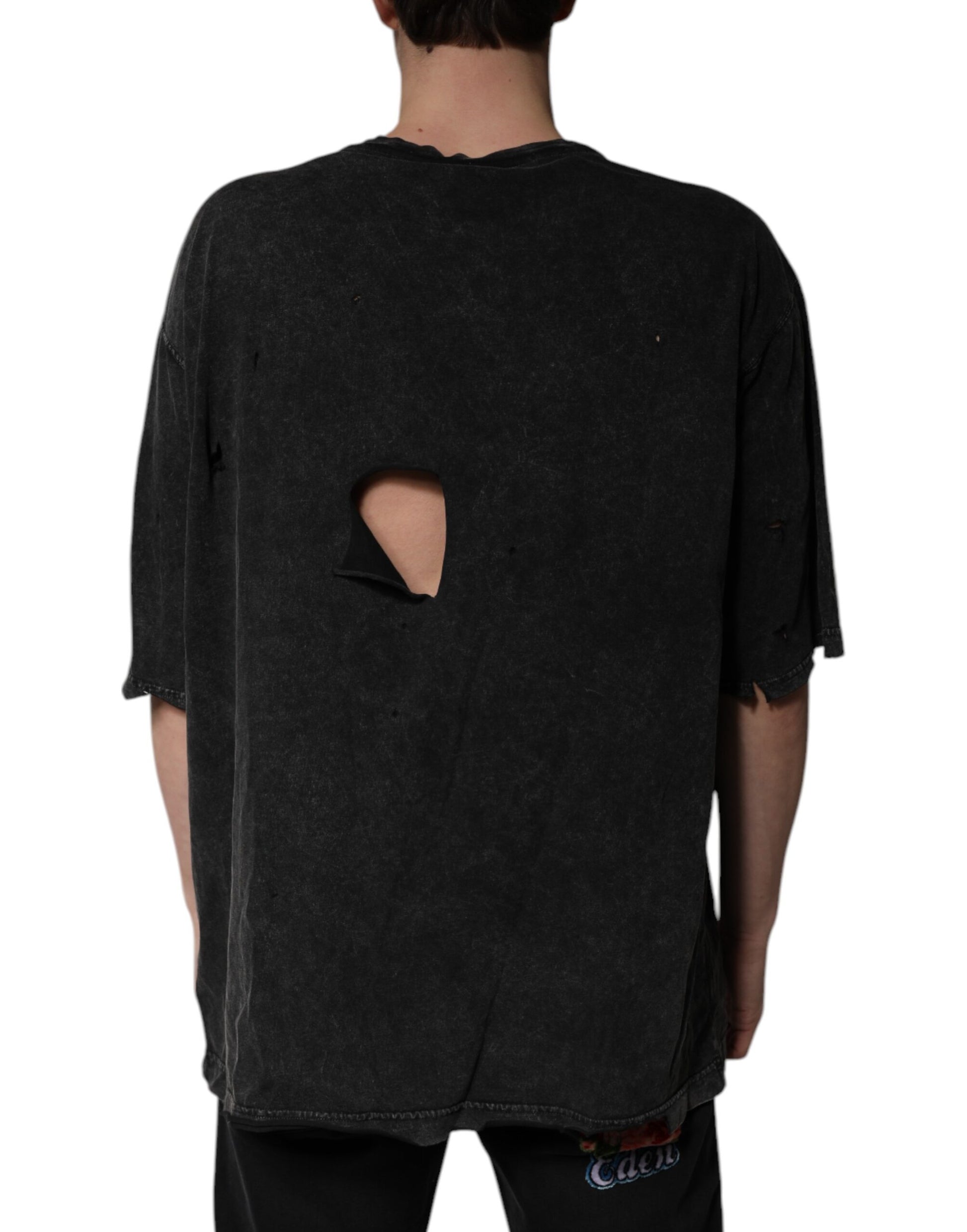 Camiseta negra de algodón con estampado gráfico y cuello redondo