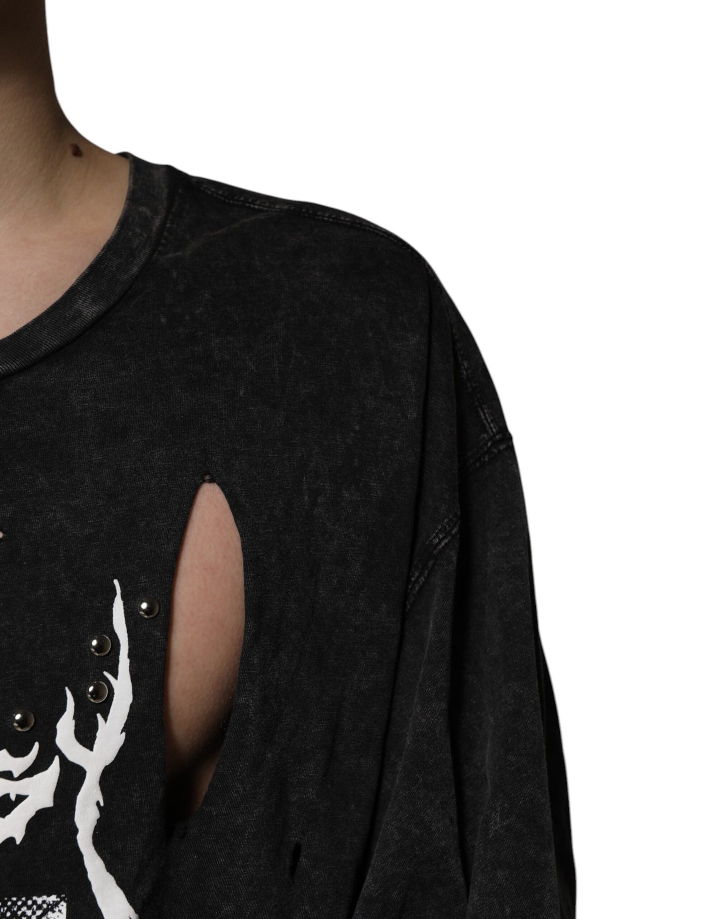 Camiseta negra de algodón con estampado gráfico y cuello redondo