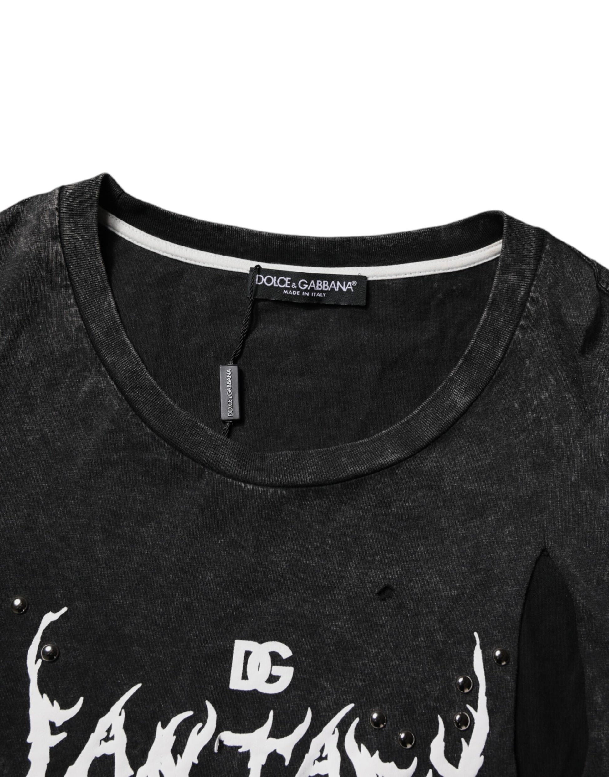 Camiseta negra de algodón con estampado gráfico y cuello redondo
