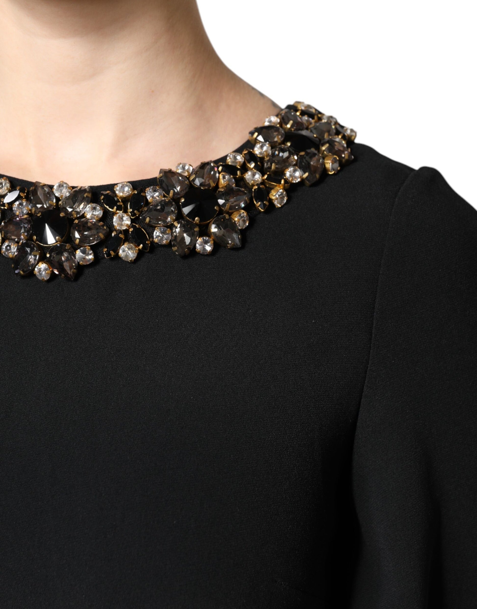 Black Crystal Embellished Round Neck Mini Dress