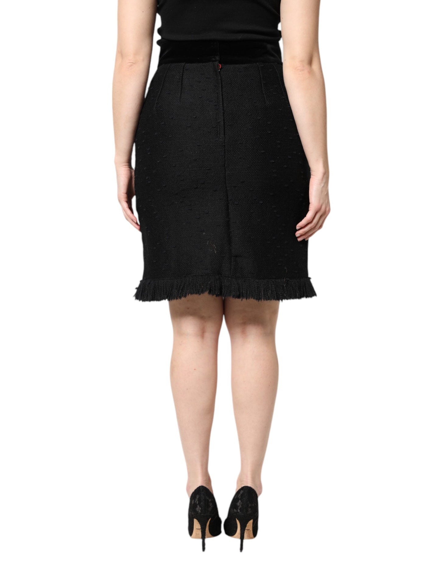 Black Wool Fringe High Waist Pencil Mini Skirt