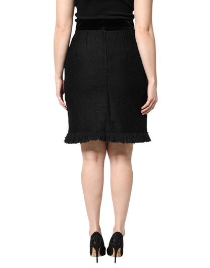 Black Wool Fringe High Waist Pencil Mini Skirt