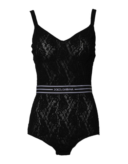 Black Lace Branded Elastic Lingerie Bodysuit Underwear