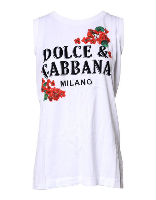 White Floral Printed Cotton Sleeveless T-shirt