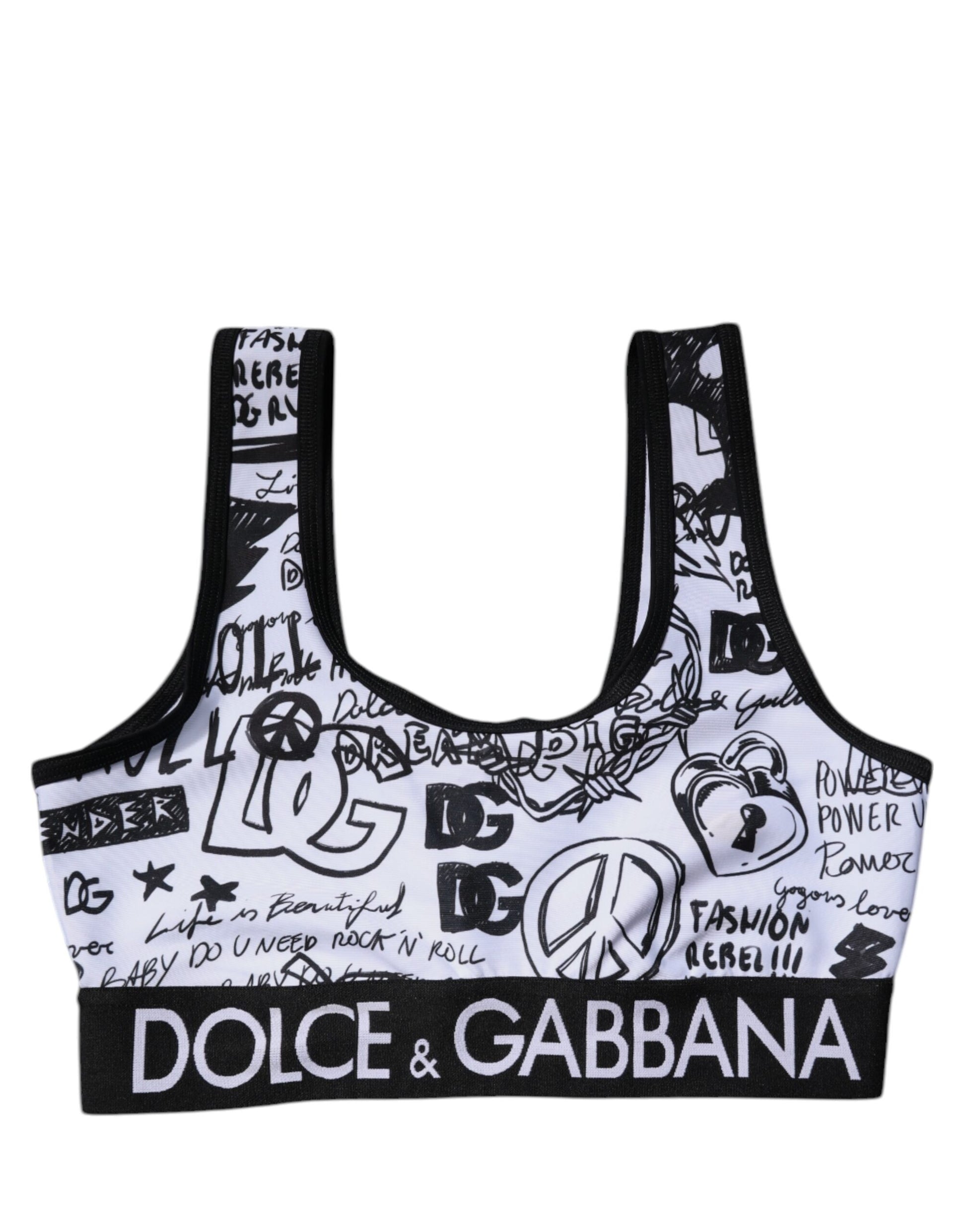 White Graffiti Print Logo Band Sports Bra Top