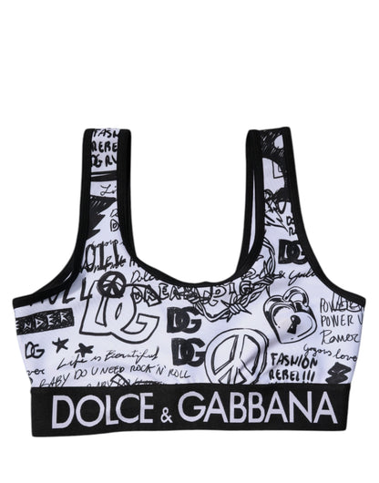 White Graffiti Print Logo Band Sports Bra Top