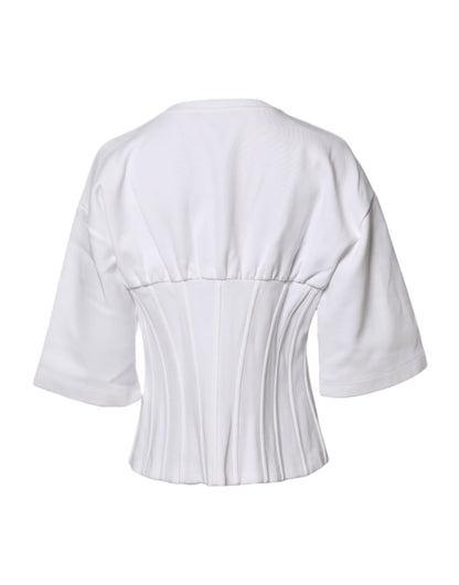 White Cotton Blend 3/4 Sleeves Blouse Top