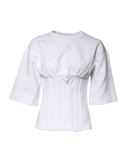 White Cotton Blend 3/4 Sleeves Blouse Top