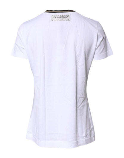 White Printed Round Neck Top Cotton T-shirt