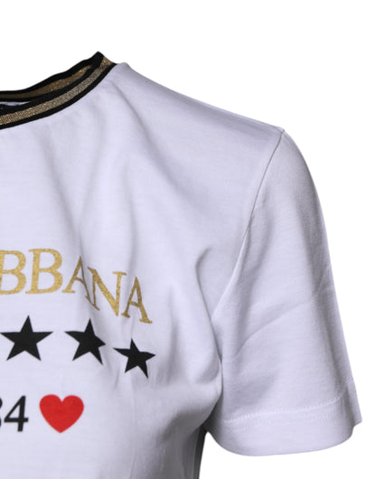 White Printed Round Neck Top Cotton T-shirt