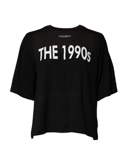 Black Cotton Printed Short Sleeves Top T-shirt
