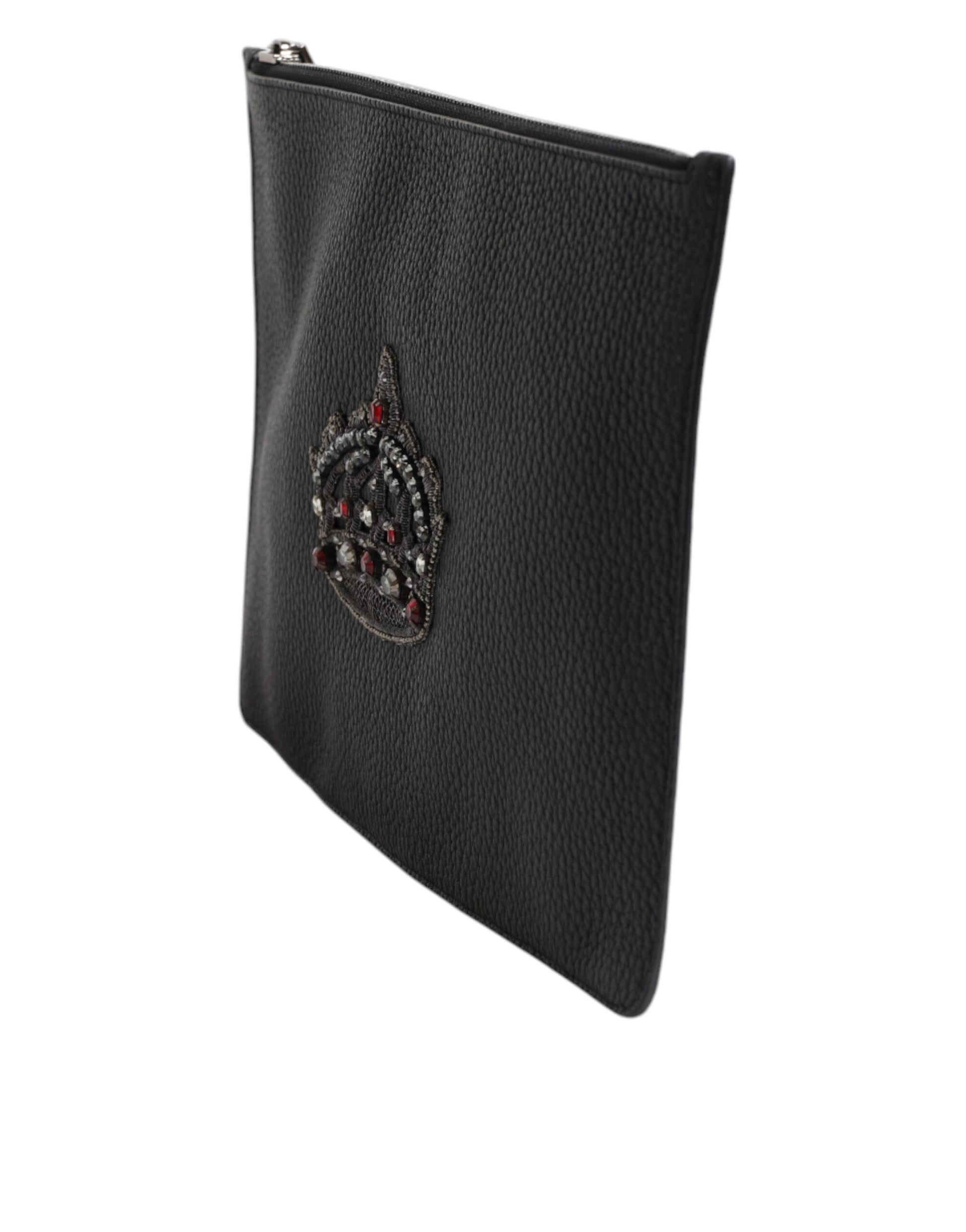 Black Calfskin Crown Embellished Clutch Pouch Bag