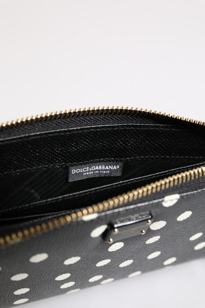 Black White Dotted Leather Zip Around Continental Wallet