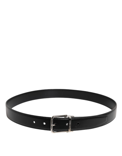 Black Calf Leather Silver Metal Buckle Belt