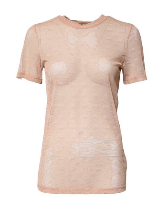 Beige Nylon Sheer Logo Monogram Crew Neck Top