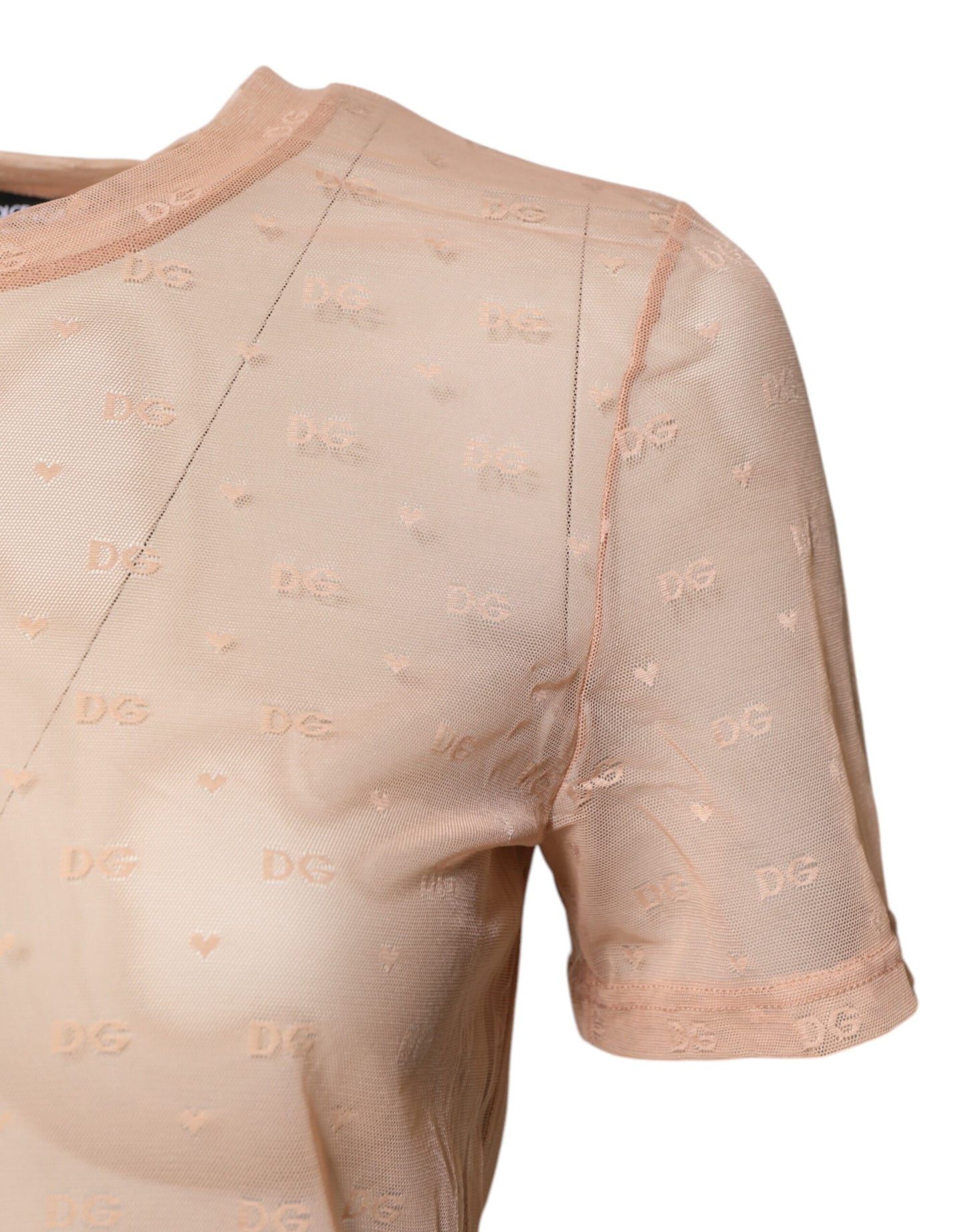 Beige Nylon Sheer Logo Monogram Crew Neck Top