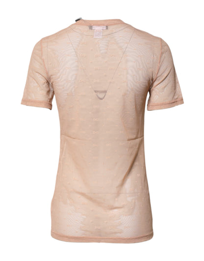Beige Nylon Sheer Logo Monogram Crew Neck Top