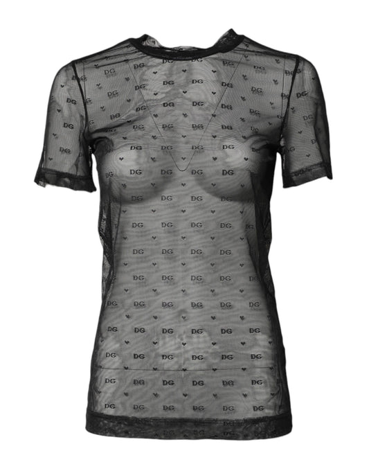 Black Nylon Sheer Logo Monogram Crew Neck Top