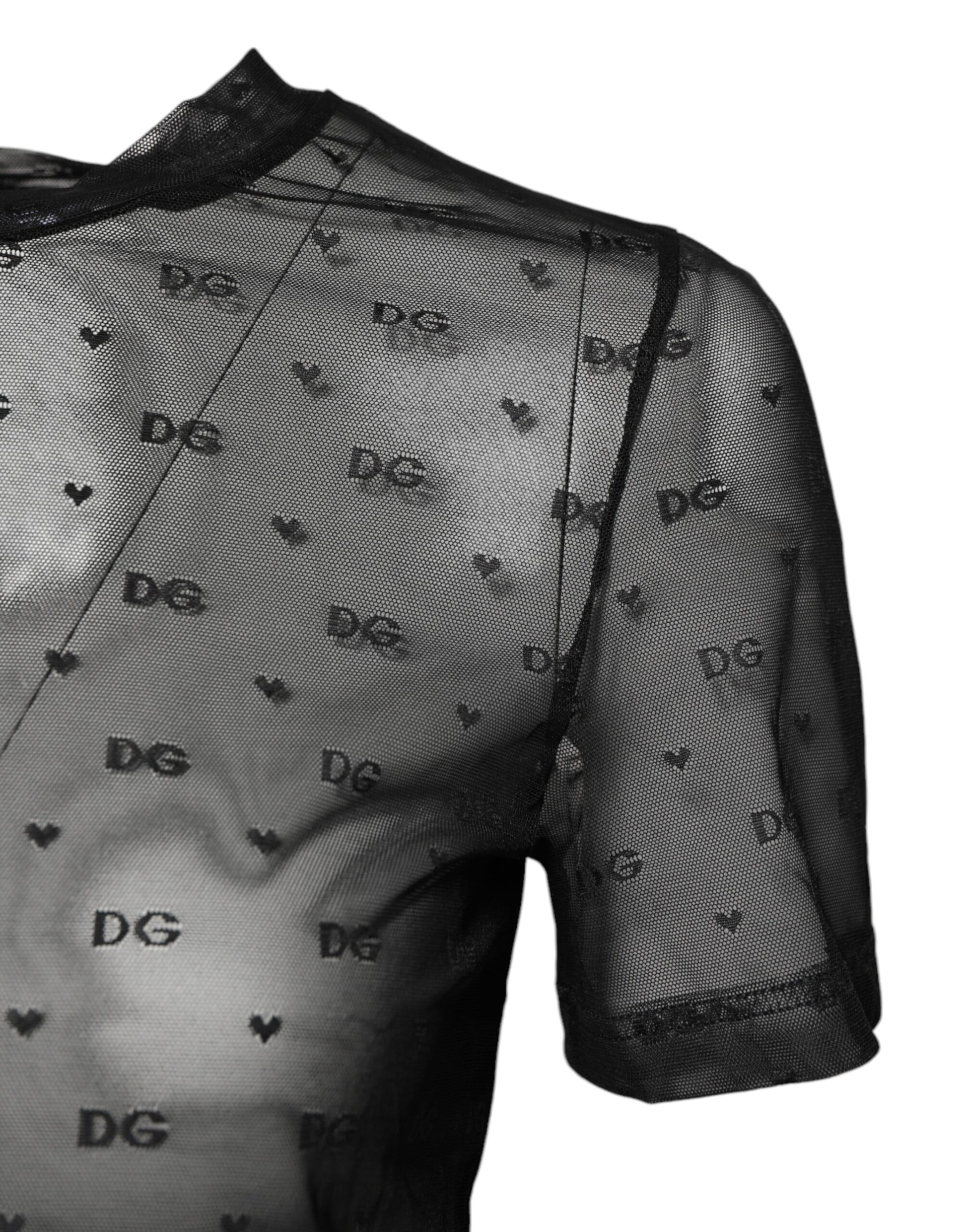 Black Nylon Sheer Logo Monogram Crew Neck Top