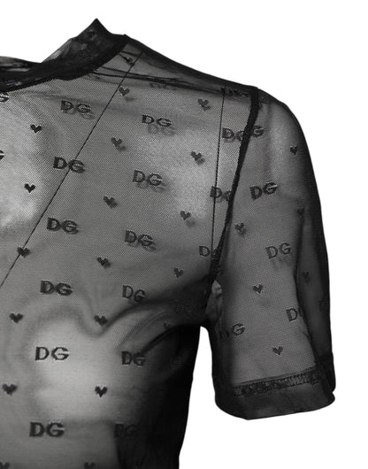 Black Nylon Sheer Logo Monogram Crew Neck Top