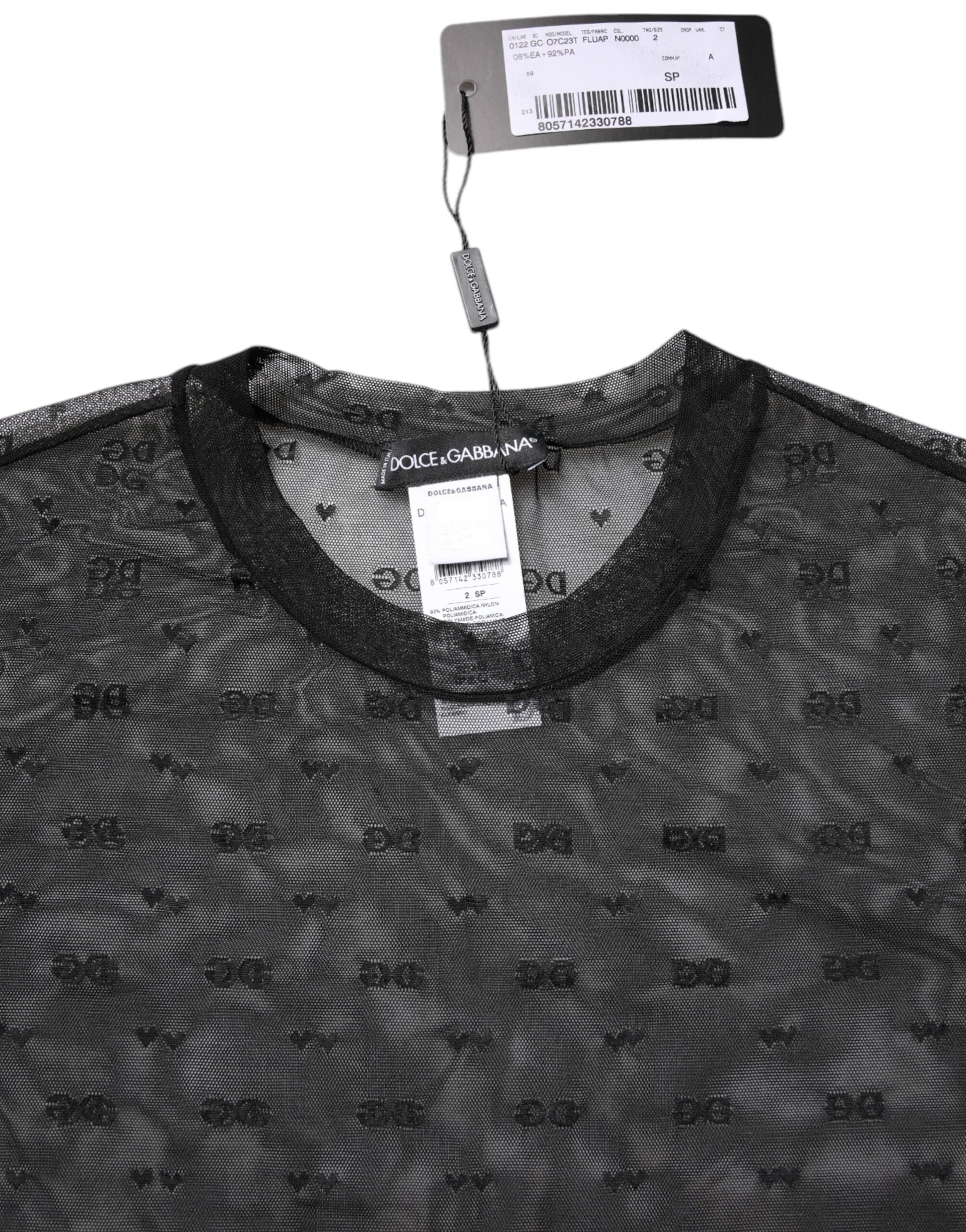 Black Nylon Sheer Logo Monogram Crew Neck Top