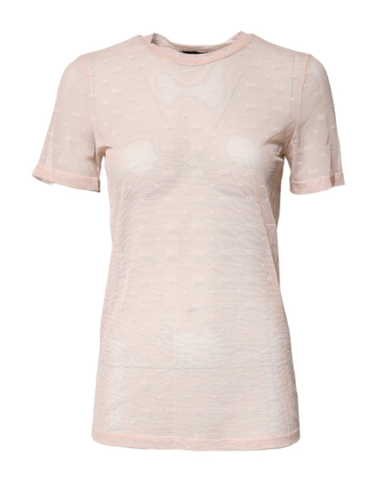 Beige Nylon Sheer Logo Monogram Crew Neck Top