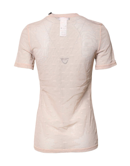 Beige Nylon Sheer Logo Monogram Crew Neck Top