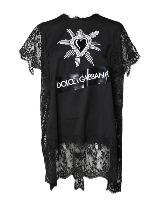 Black Lace Sheer Sacred Heart Crew Neck Top