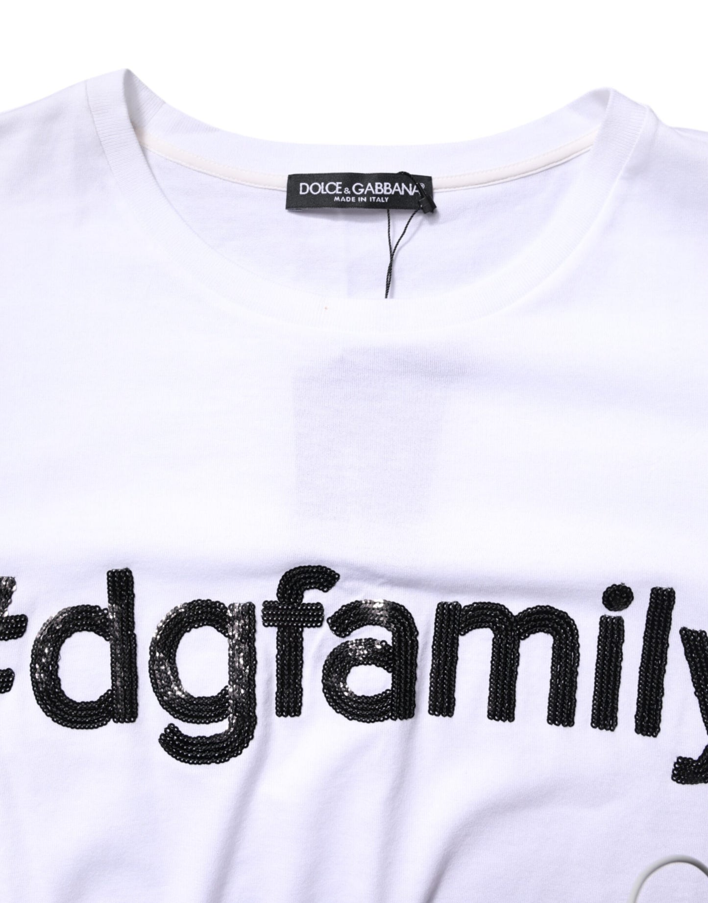 White #DGFamily Print Cotton Crew Neck T-shirt