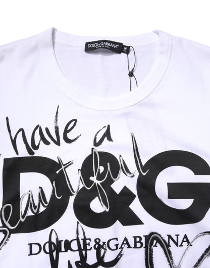 White Printed Round Neck Cotton Top T-shirt