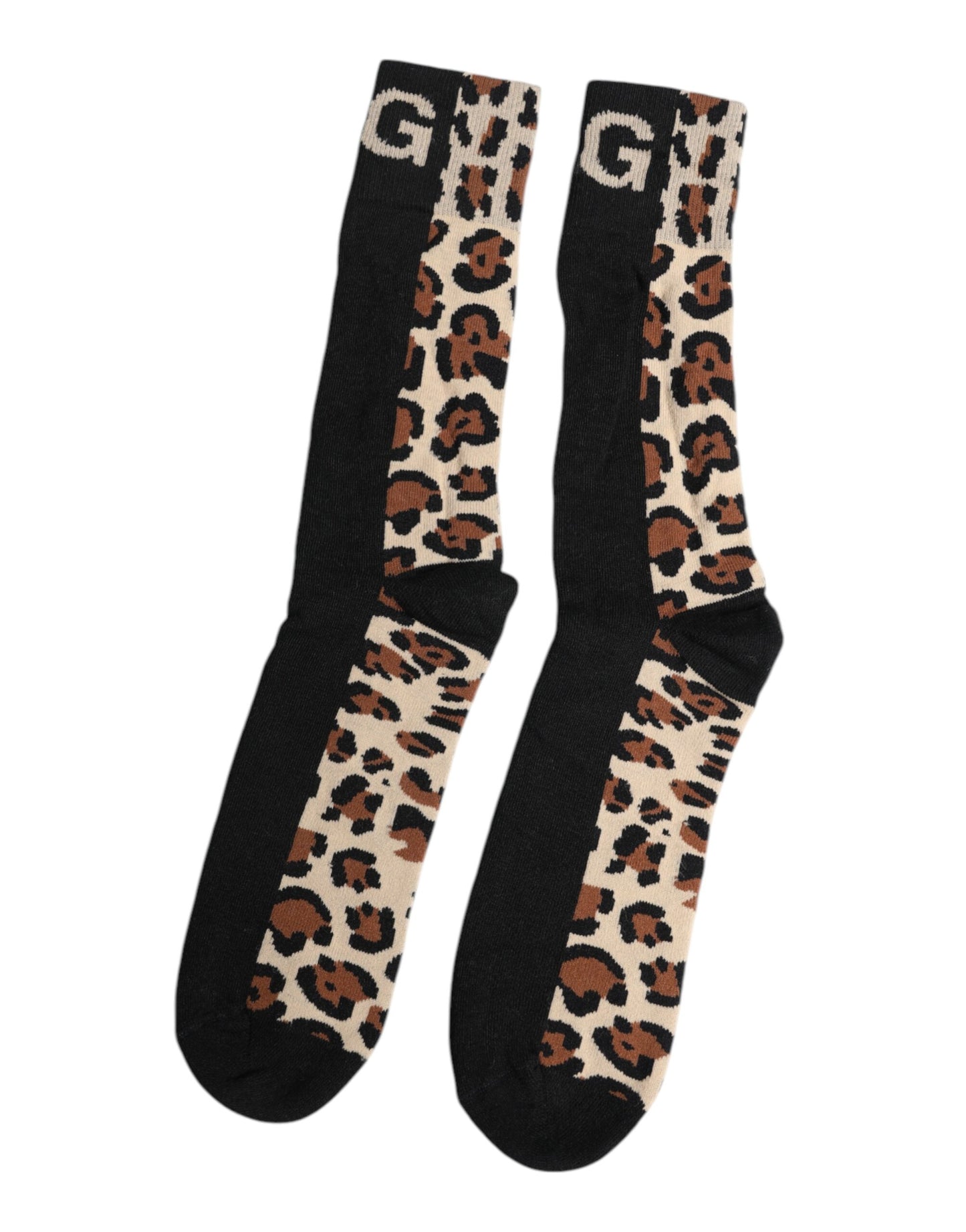 Black Brown Leopard Print Nylon Mid Calf Socks
