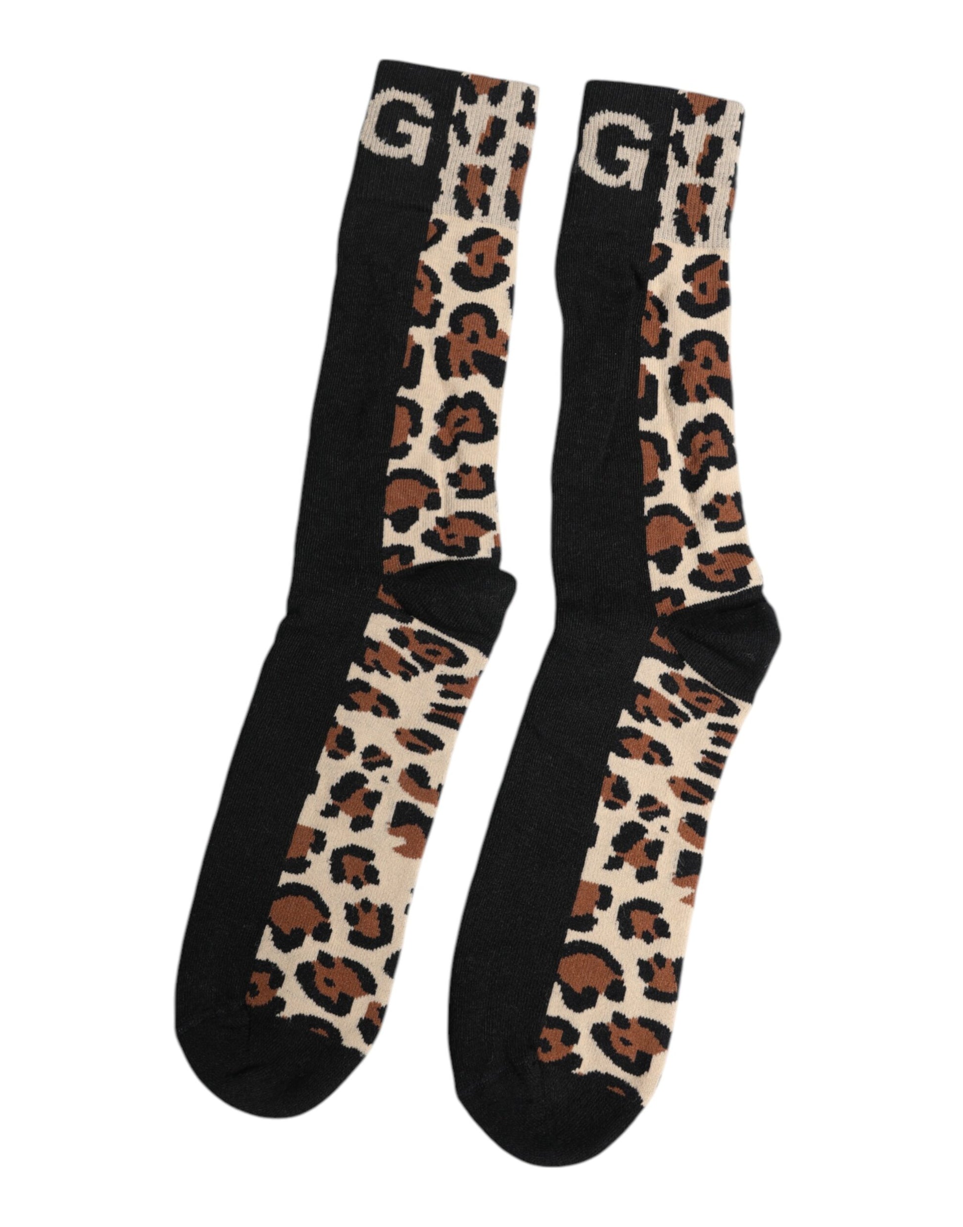 Black Brown Leopard Print Nylon Mid Calf Socks