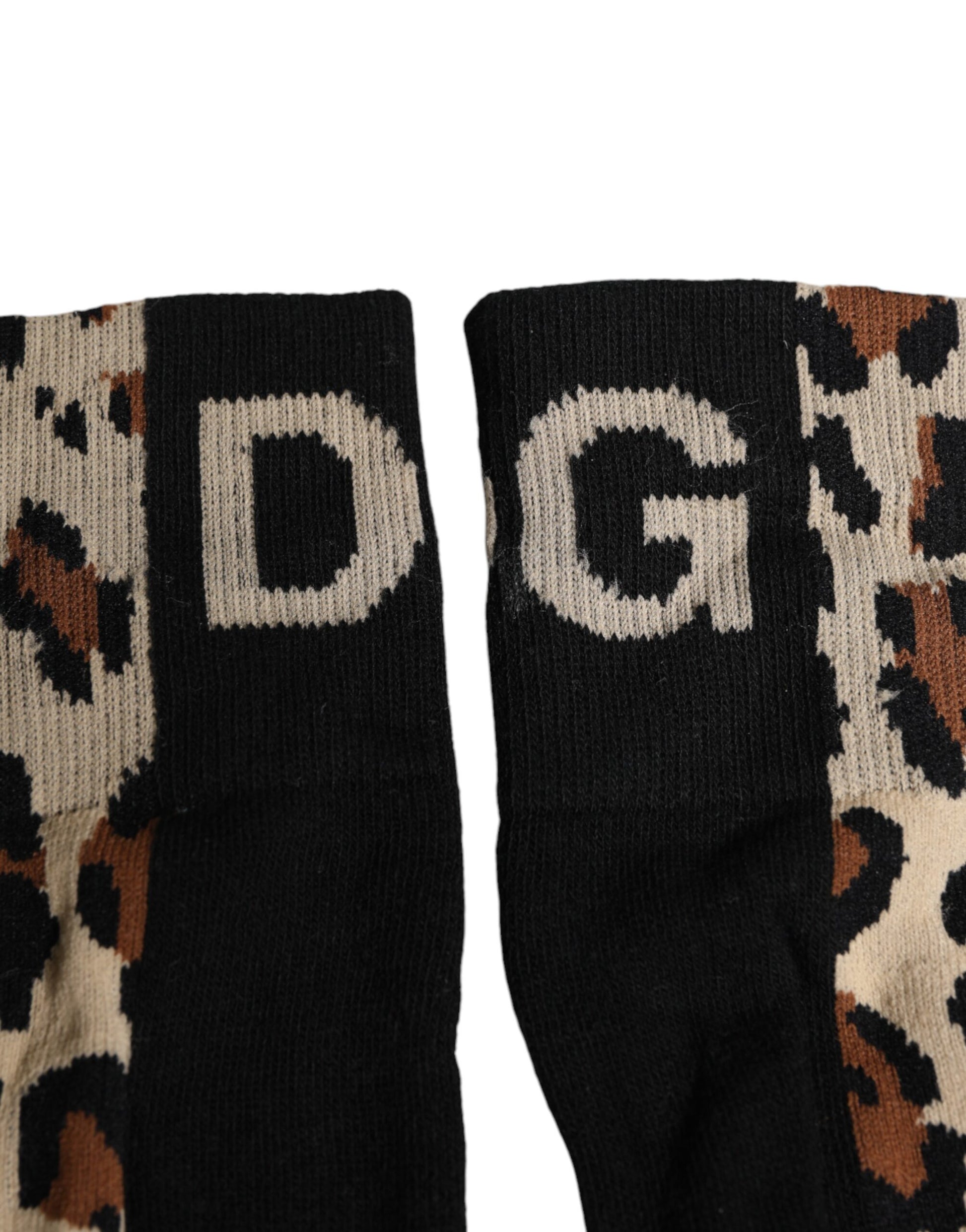 Black Brown Leopard Print Nylon Mid Calf Socks
