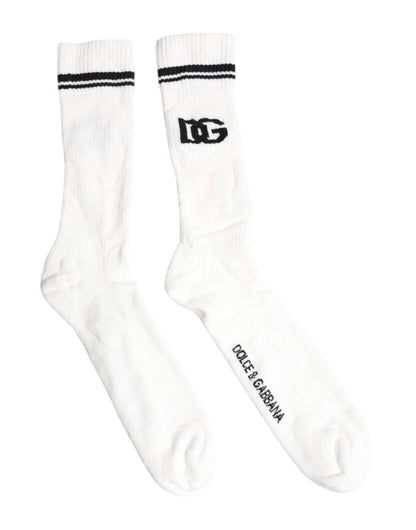 White Black DG Logo Print Stretch Mid Calf Socks