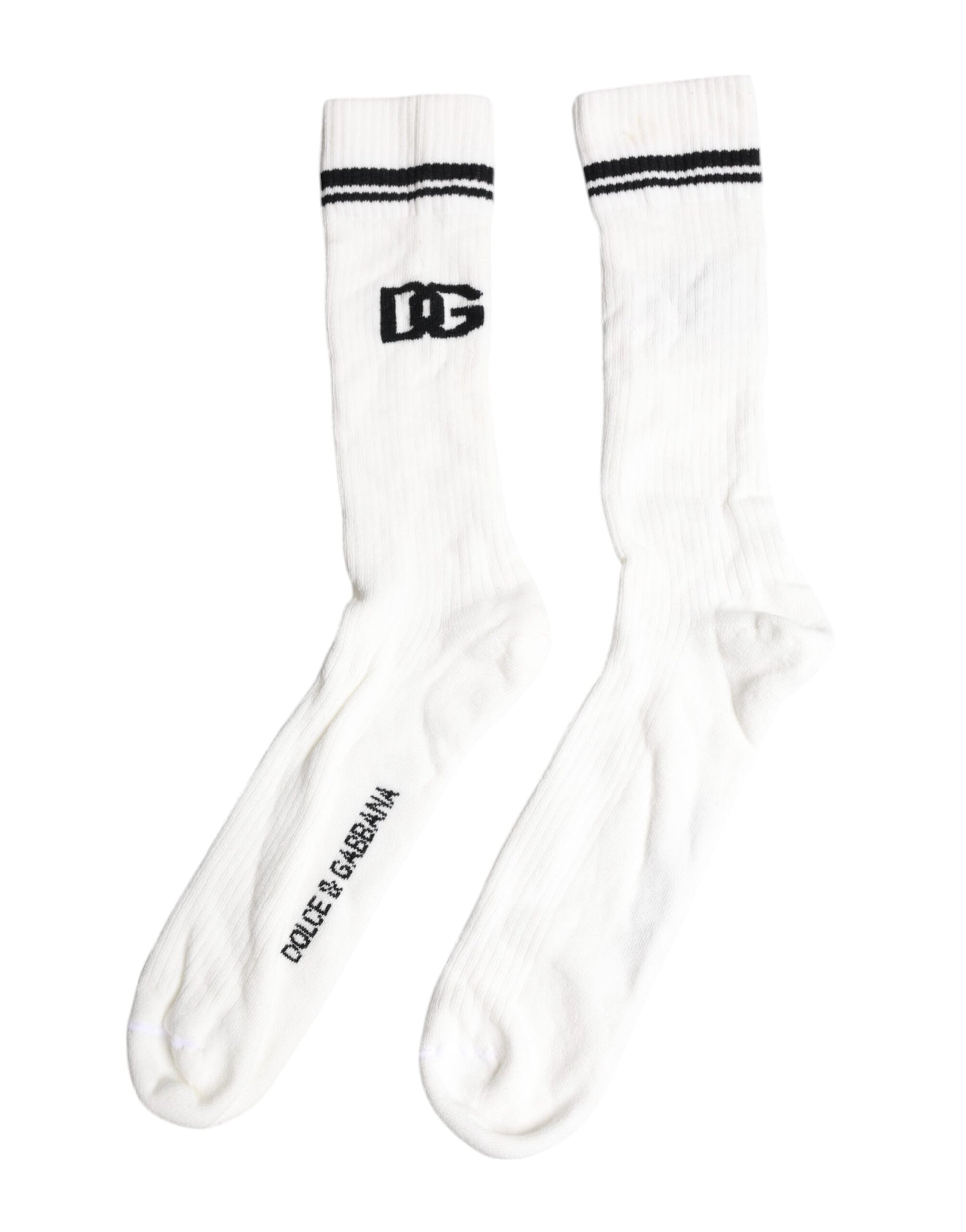White Black DG Logo Print Stretch Mid Calf Socks