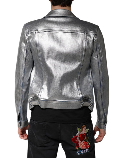 Silver Cotton Button Down Denim Biker Jacket