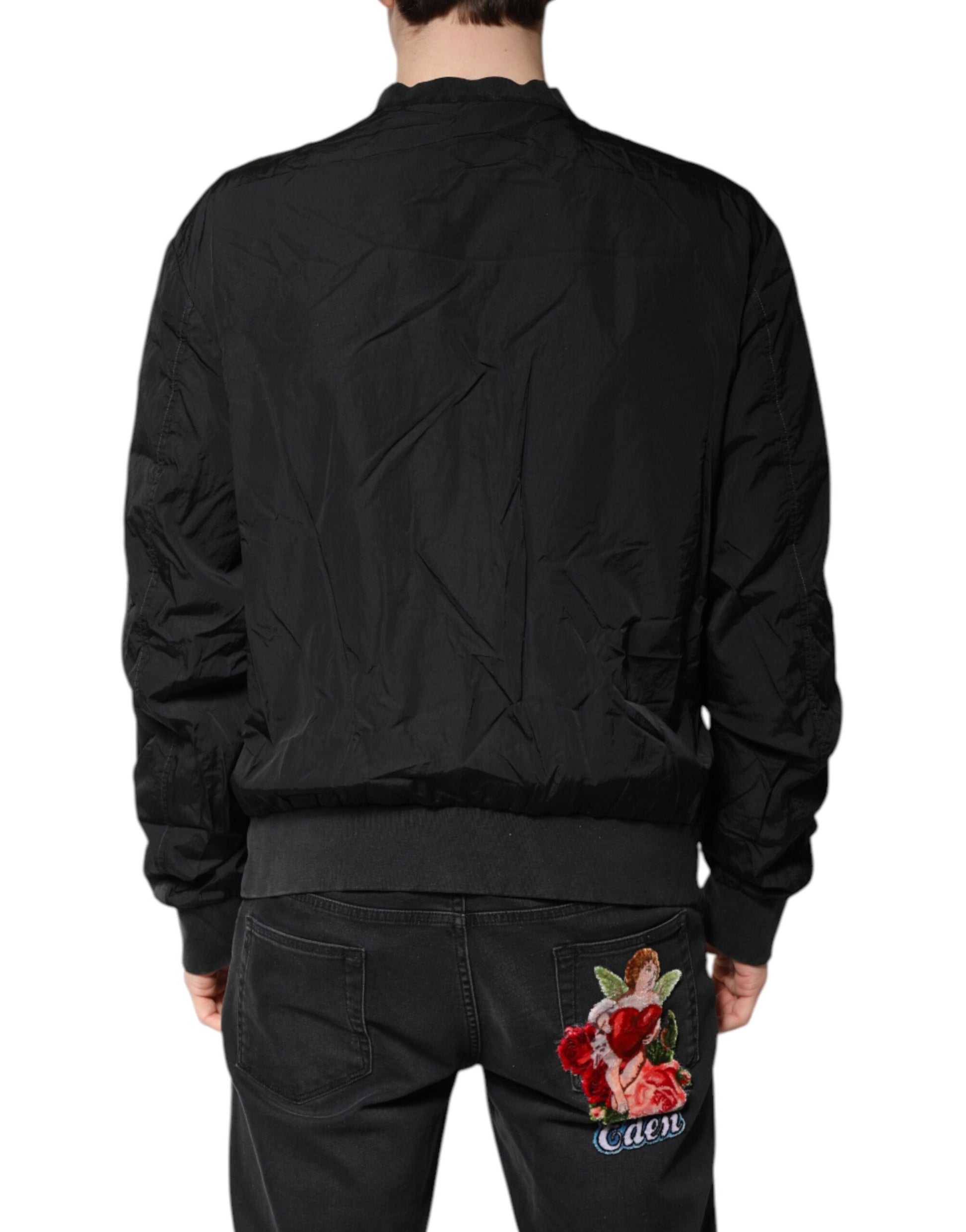 Black Nylon Logo Full Zip Bomber Jacket
