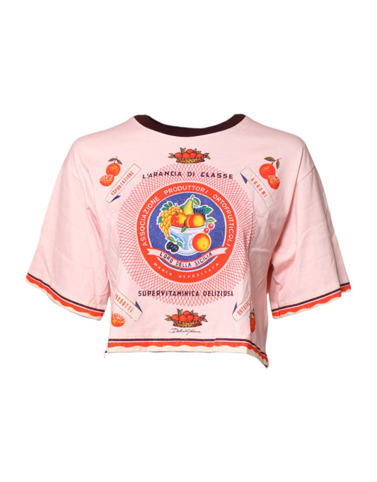 Pink Print Cotton Short Sleeves Cropped Top